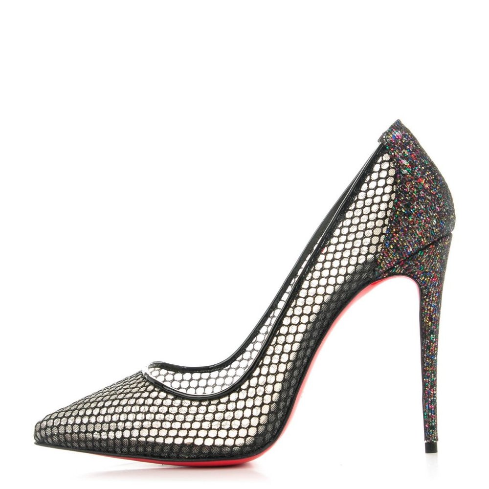 Christian Louboutin Fishnet Glitter Follies Lace 100 Black Glitter Heels Pumps